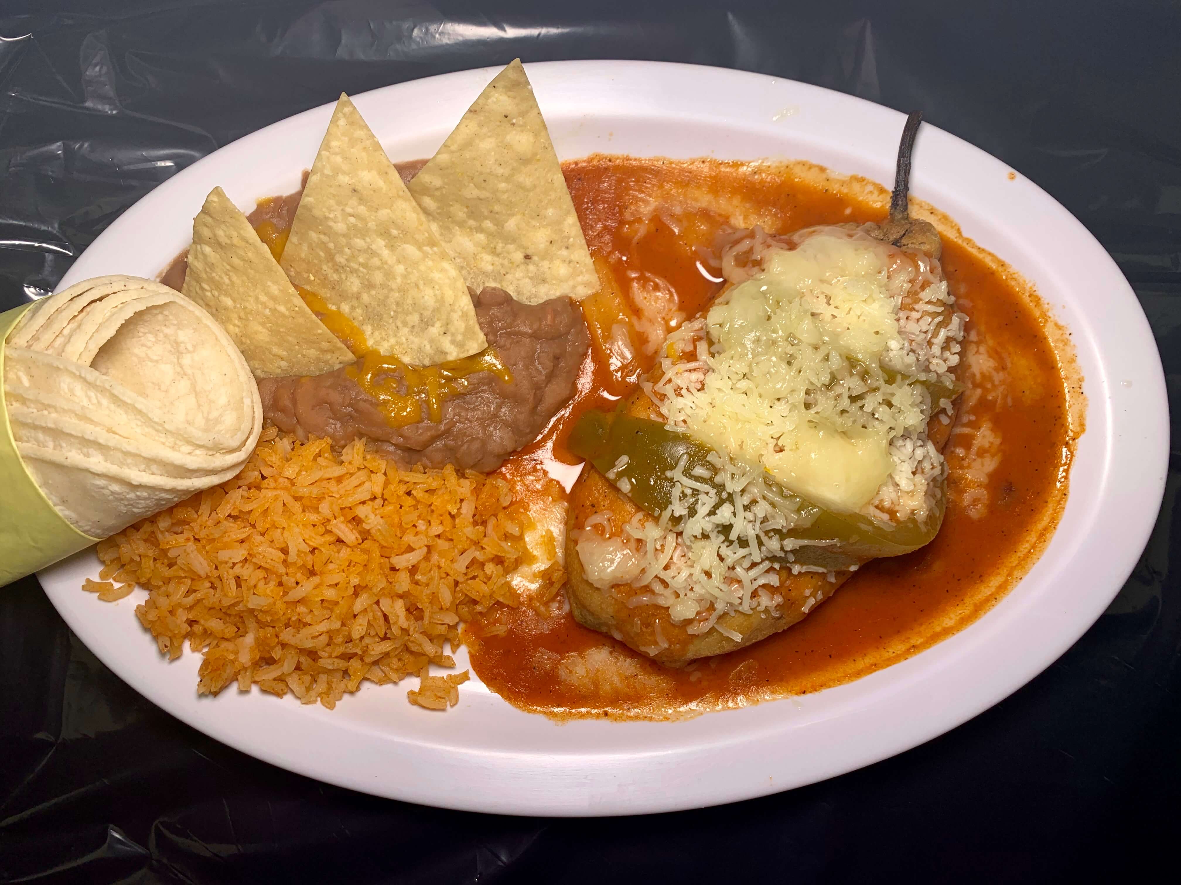 1 CHILE RELLENO WITH RICE AND BEANS PLATE