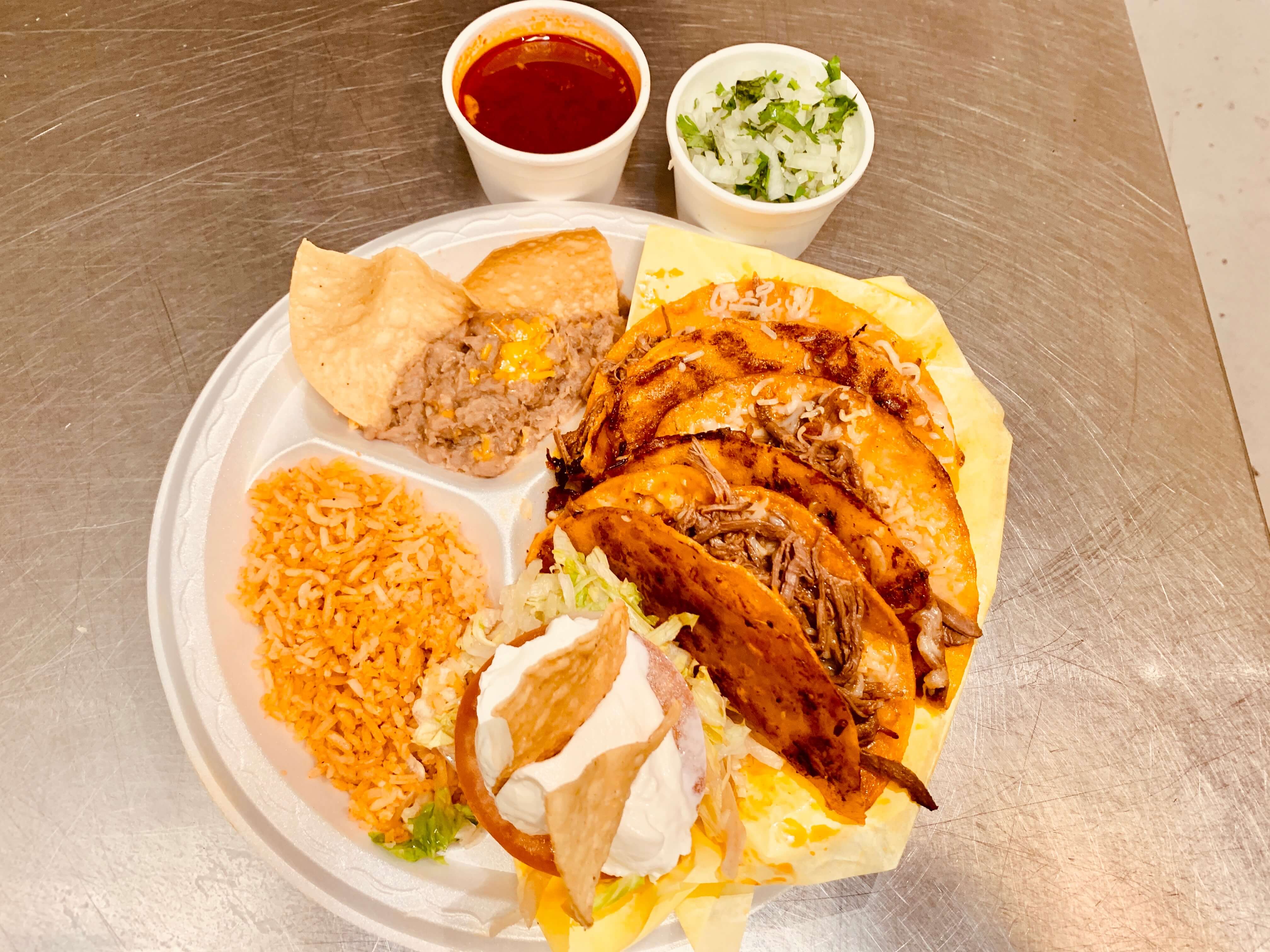 5 QUESO BIRRIA TACOS W/RICE & BEANS